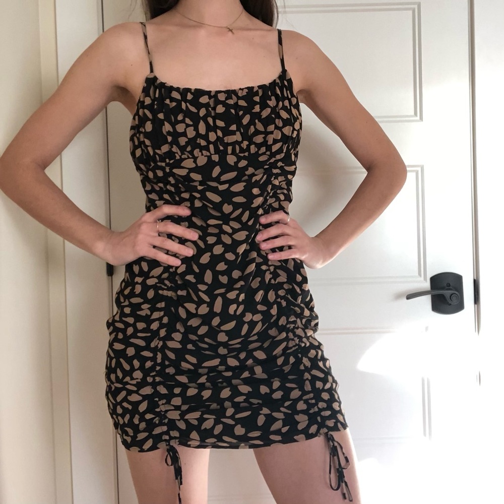 Rouched black animal print mini dress